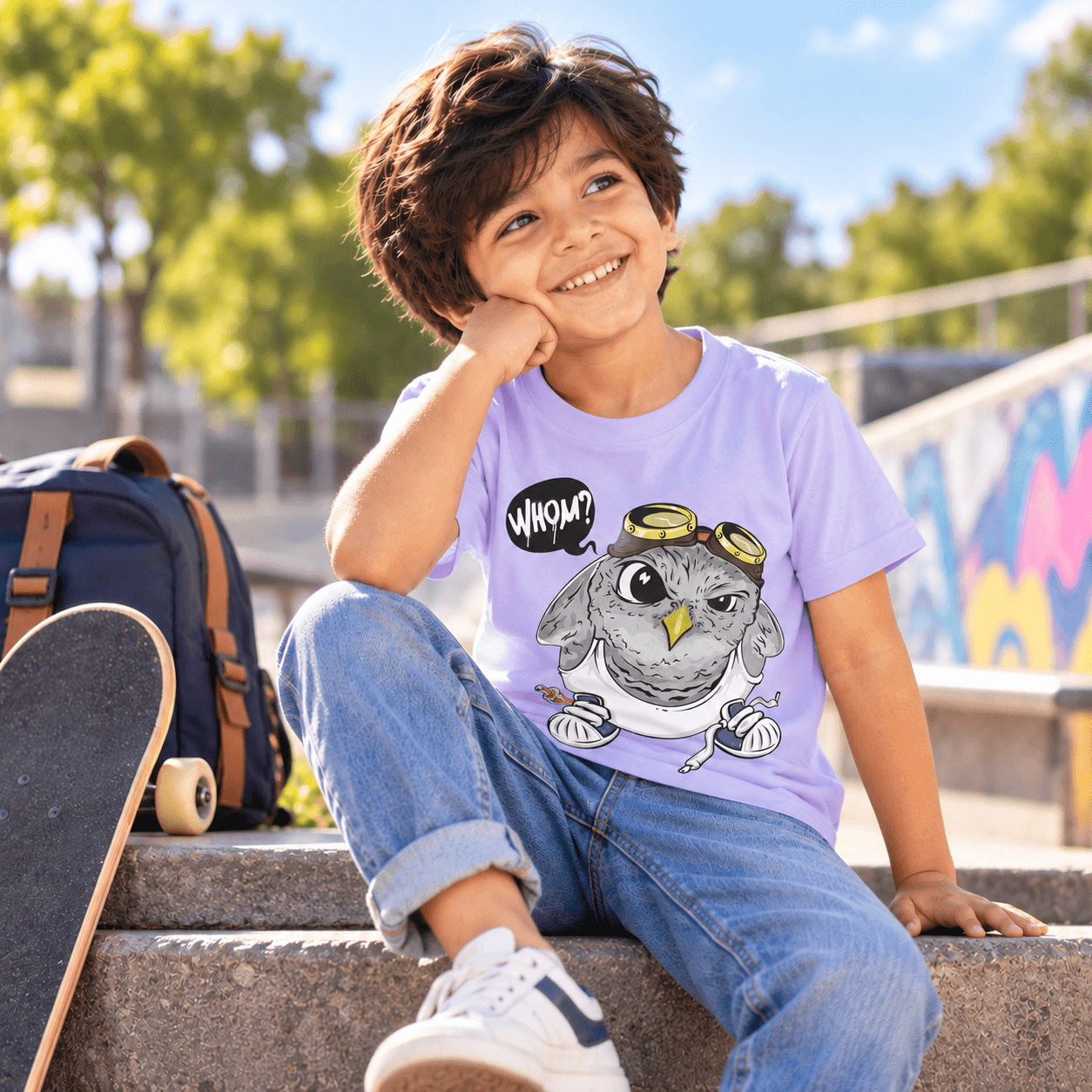 Boy wearing a purple Charm and Chic owl graphic t-shirt