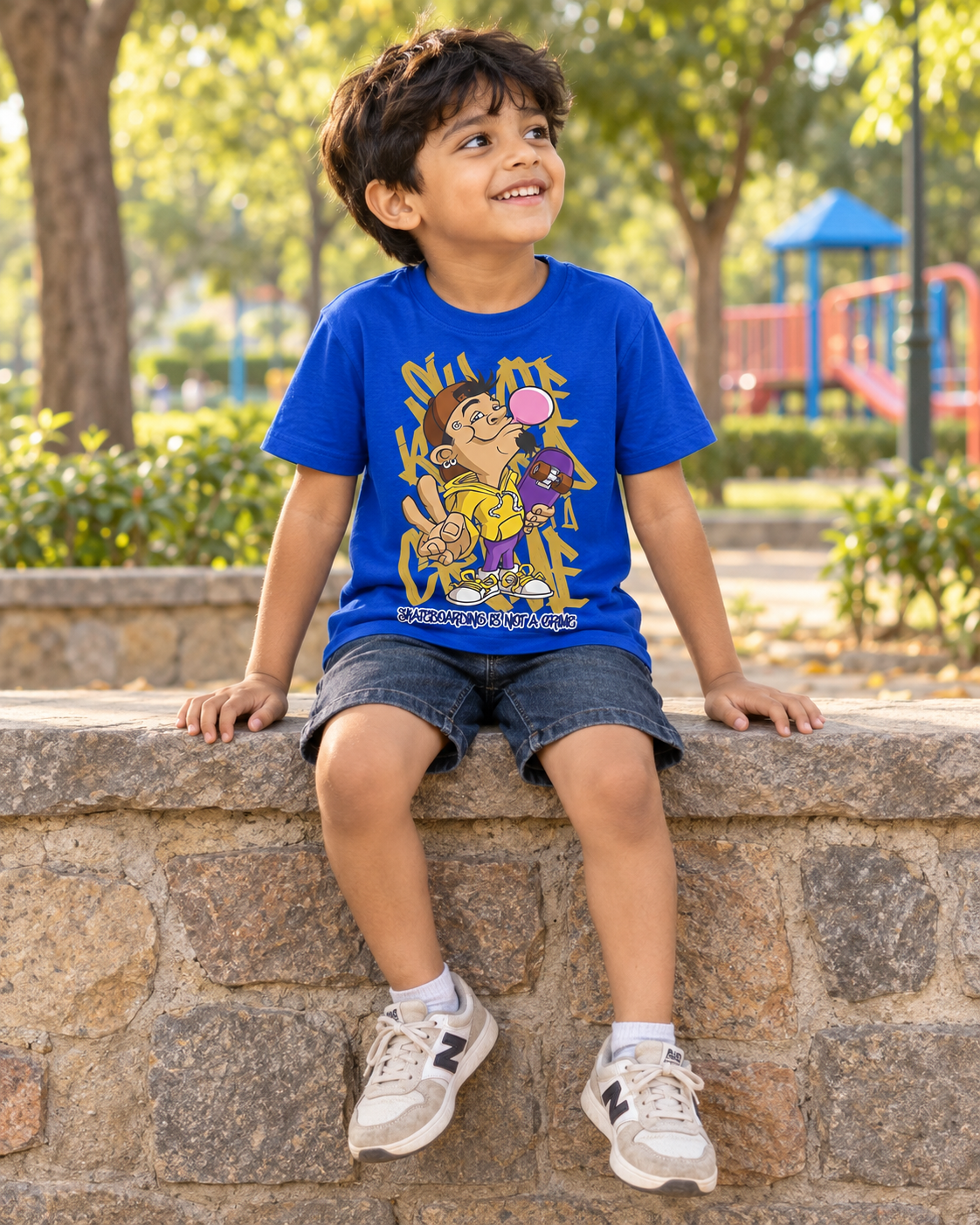 Boy wearing a blue Charm and Chic skateboarding graphic t-shirt in a park