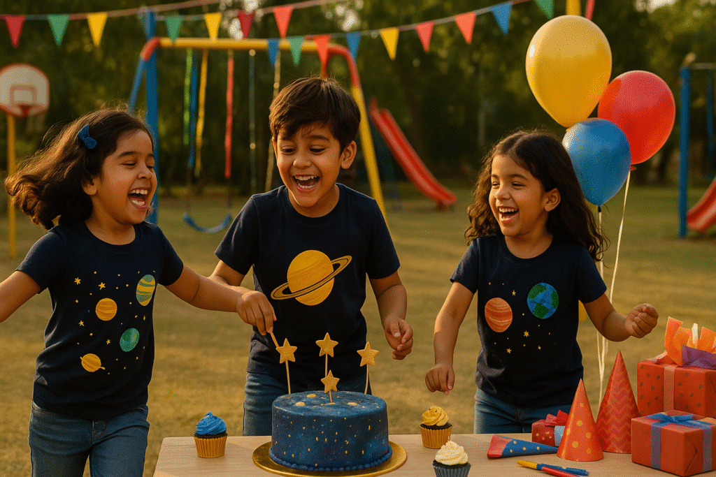 Three Indian kids at an outdoor playground birthday party wearing Charm & Chic Planet Explorer T-shirts with planets, Saturn, Earth, and Mars prints. They laugh and play around a decorated table with a galaxy-themed cake, cupcakes, balloons, and party hats in a festive golden-hour setting.