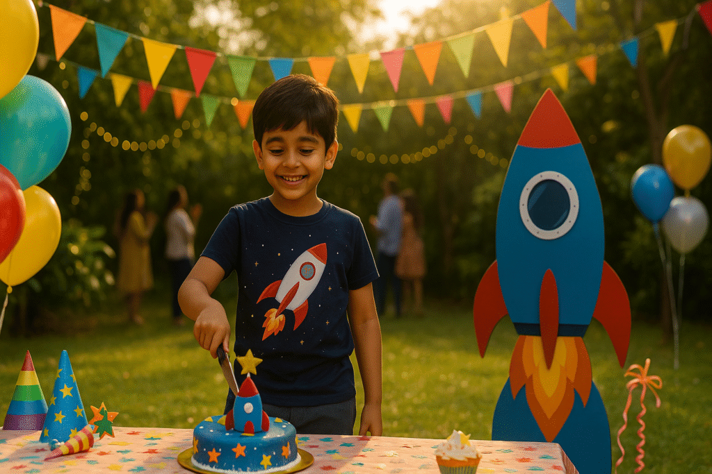 Smiling Indian boy wearing a Charm & Chic rocket-printed T-shirt and joggers, cutting a rocket-shaped birthday cake at an outdoor garden party with balloons, streamers, and a cardboard rocket prop.
