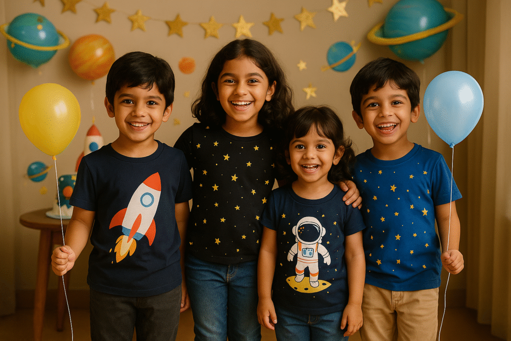 Four Indian kids smiling at a birthday party wearing Charm & Chic space-themed T-shirts with rocket, astronaut, and star prints, holding balloons in a cosmic party setup.