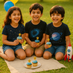 Three Indian kids at a golden-hour garden picnic wearing Charm & Chic starry galaxy T-shirts with stars, nebula, and planet prints, holding cupcakes and laughing with balloons and a toy rocket around them.
