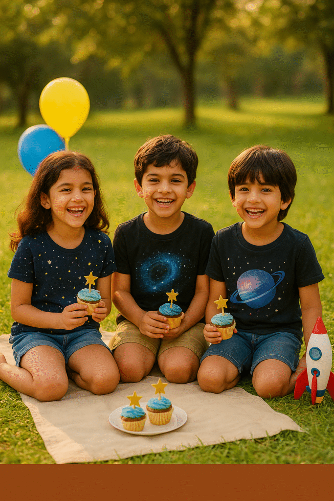 Three Indian kids at a golden-hour garden picnic wearing Charm & Chic starry galaxy T-shirts with stars, nebula, and planet prints, holding cupcakes and laughing with balloons and a toy rocket around them.