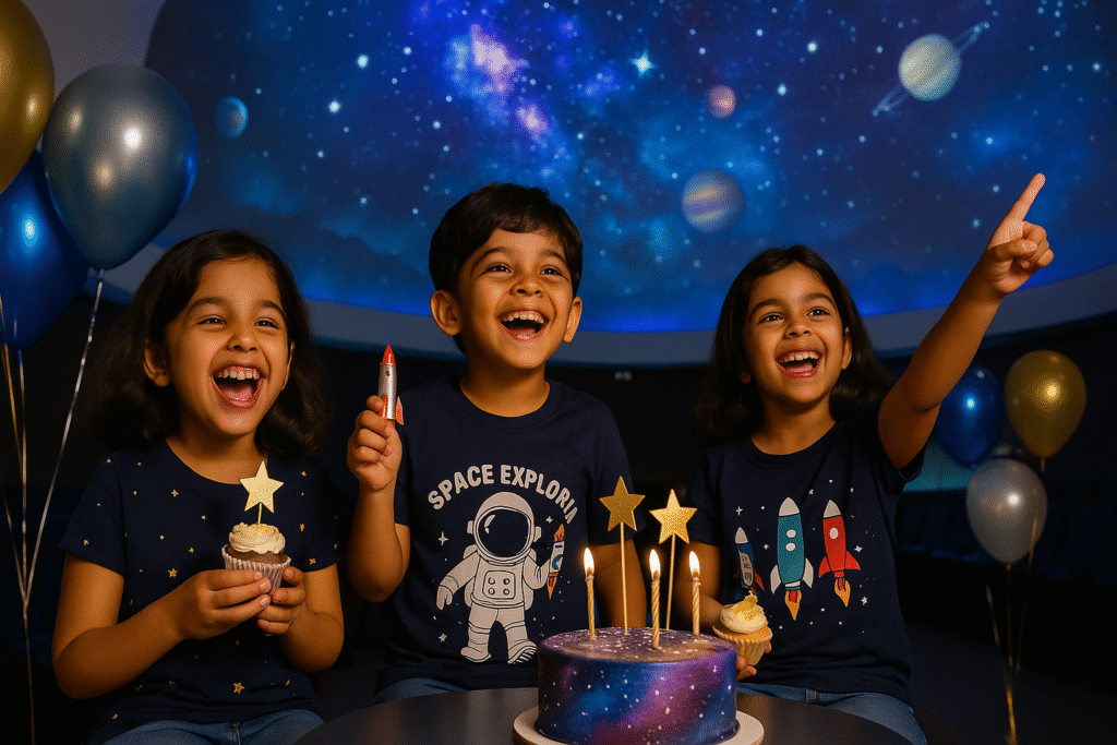 Three Indian kids celebrating a space-themed birthday inside a planetarium, wearing Charm & Chic Space Explorer T-shirts with astronaut, rocket, and star prints. They sit around a galaxy cake with star candles, balloons, and cosmic projections on the ceiling.