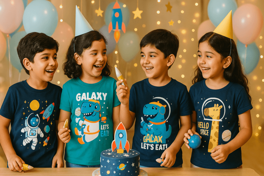 Four happy Indian kids wearing Charm and Chic space-themed t-shirts — astronaut, dinosaur, and giraffe space prints — celebrating a fun space-themed birthday party with balloons, rocket cake, and twinkling lights.