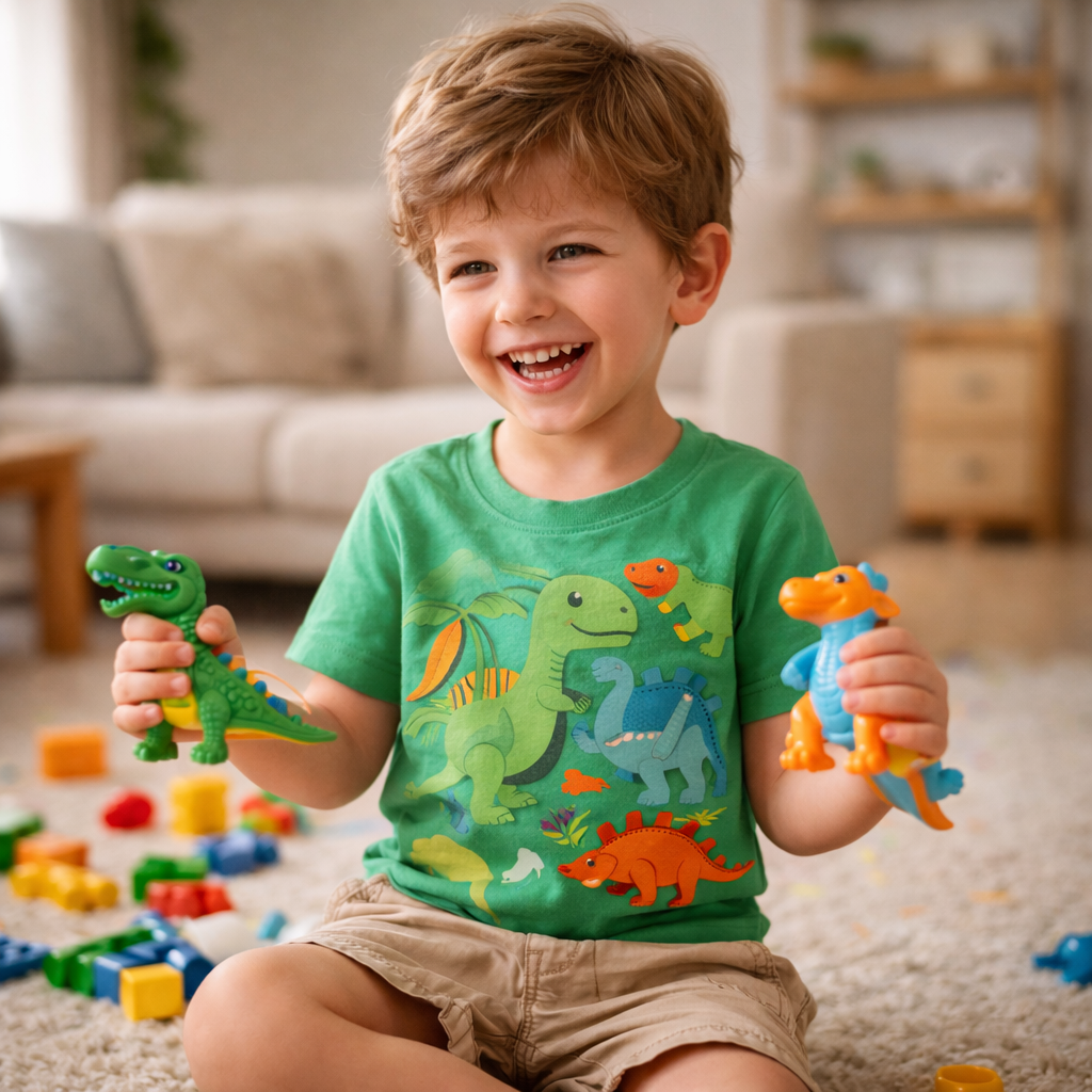 happy child wearing dinosaur themed kids t-shirt and playing comfortably
