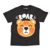 Black T-shirt featuring a large cheerful orange tiger head with white stitched detailing and the word ROAR in a white distressed font above.