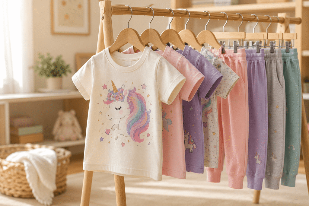 Comfortable premium cotton unicorn t-shirts for girls displayed with matching pastel joggers for everyday kids fashion.