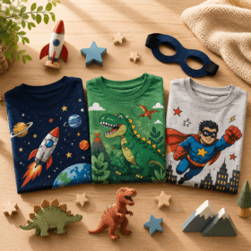 Three kids' T-shirts with space, dinosaur, and superhero designs laid on a wooden table among toy figures and props.