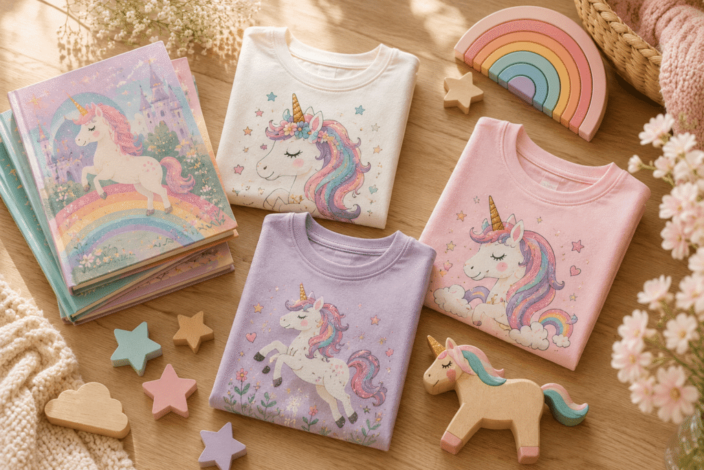 Premium unicorn t-shirts for girls displayed with children's storybooks, pastel stars, rainbow toys, and wooden unicorn on a light oak surface.