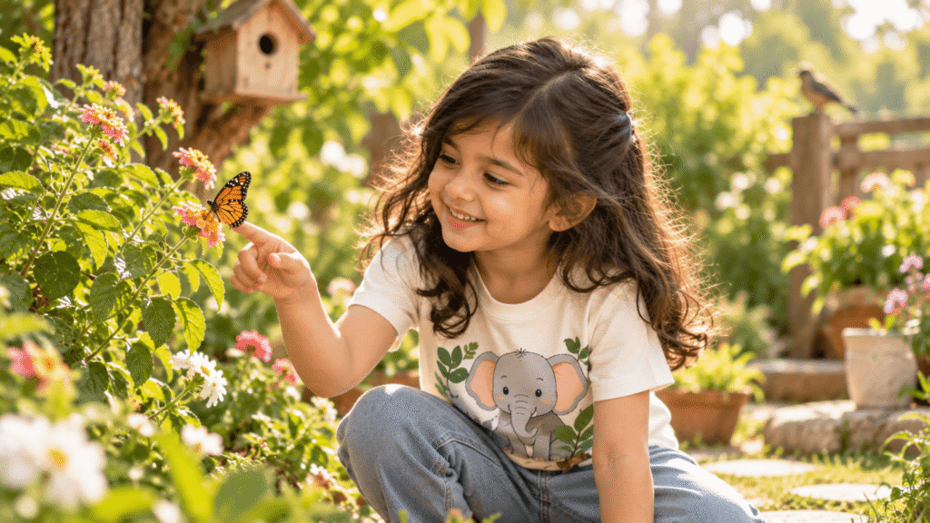 Child wearing an elephant t-shirt while observing a butterfly in a garden.