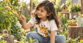 Child wearing a comfortable animal t-shirt while exploring nature outdoors