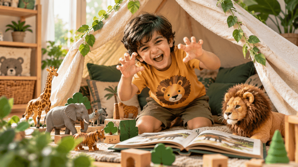 Child wearing a lion t-shirt and pretending to roar during imaginative jungle play at home.
