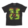 Black dinosaur kids t-shirt featuring four green cartoon dinosaurs wearing red sunglasses by Charm and Chic.