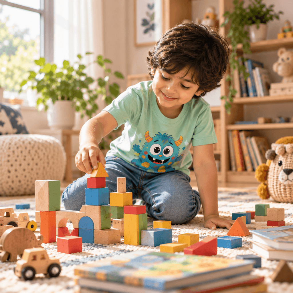Child comfortably playing in a soft cotton cartoon monster t-shirt at home.
