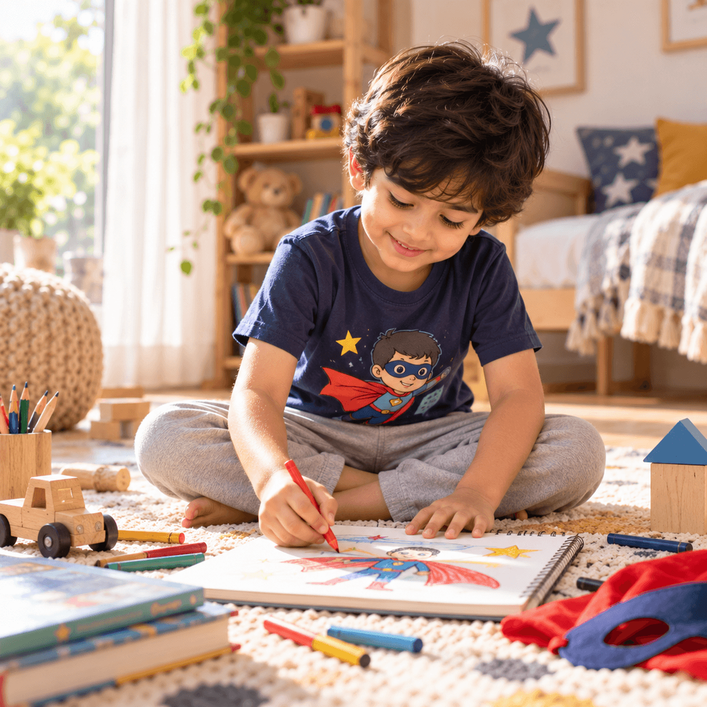 Child comfortably wearing a superhero-themed cotton t-shirt while drawing and playing at home.