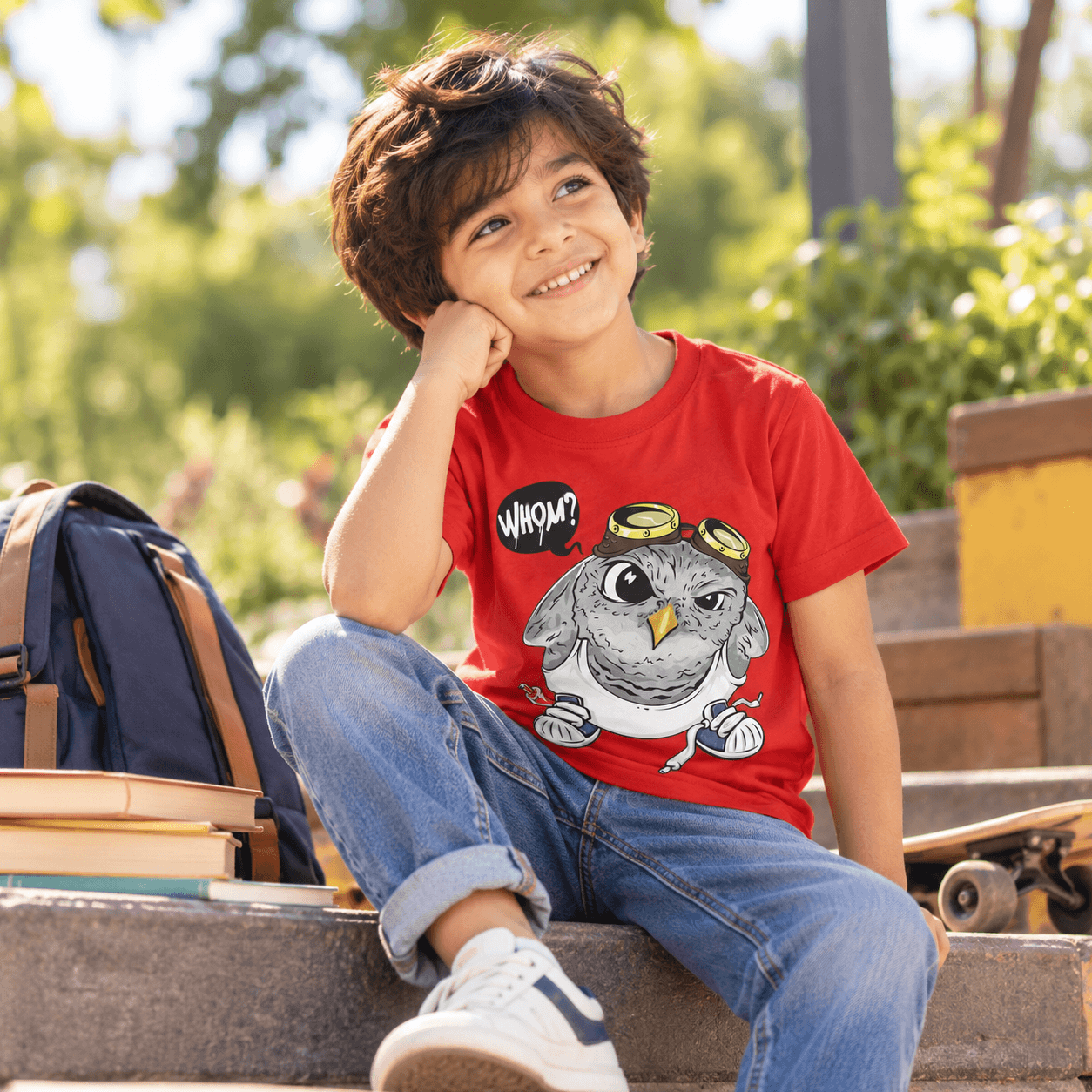 Cool Owl kids t-shirt featuring a quirky cartoon owl graphic by Charm and Chic