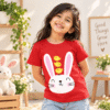 Indian girl wearing a red Cute Bunny Kids T-Shirt with bunny and yellow chick print by Charm and Chic.