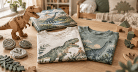 Soft cotton dinosaur t-shirts for kids displayed with dinosaur toys and a children's storybook for imaginative everyday play.