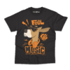 Black Feel the Music dog kids t-shirt with cartoon dog wearing sunglasses and headphones