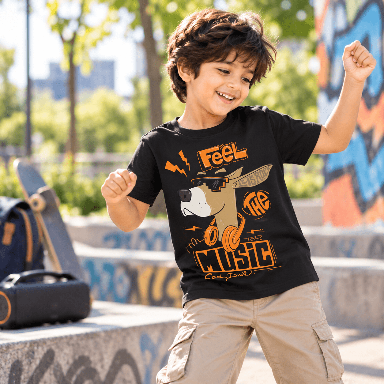 Child wearing black Feel the Music dog kids t-shirt featuring a cartoon dog with sunglasses and headphones by Charm and Chic.