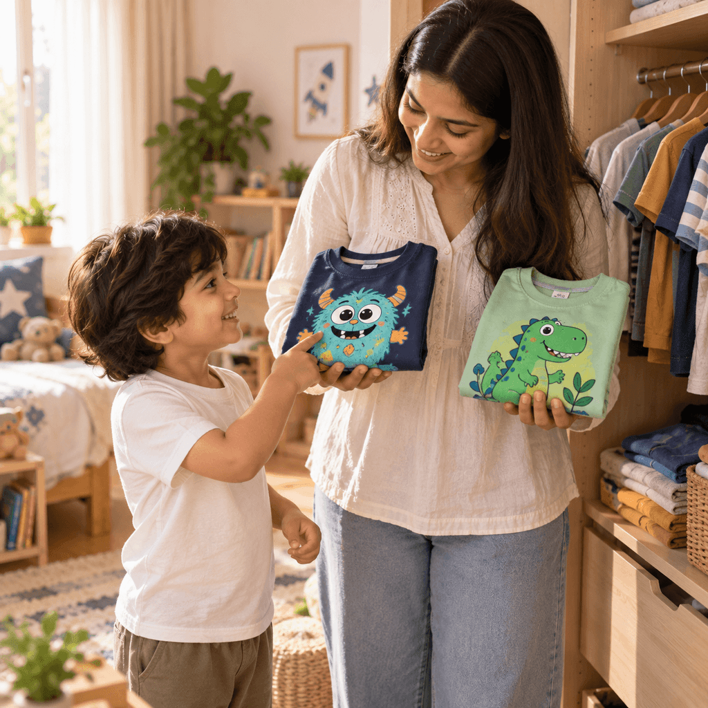 Child choosing a fun cartoon monster t-shirt from two everyday clothing options