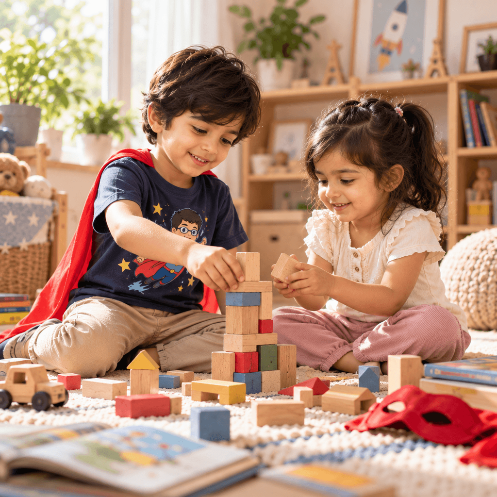 Child in a superhero-themed t-shirt helping a younger child rebuild a wooden block tower.