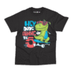 Black Skater Dinosaur Kids T-Shirt with green cartoon dinosaur riding a skateboard by Charm and Chic.