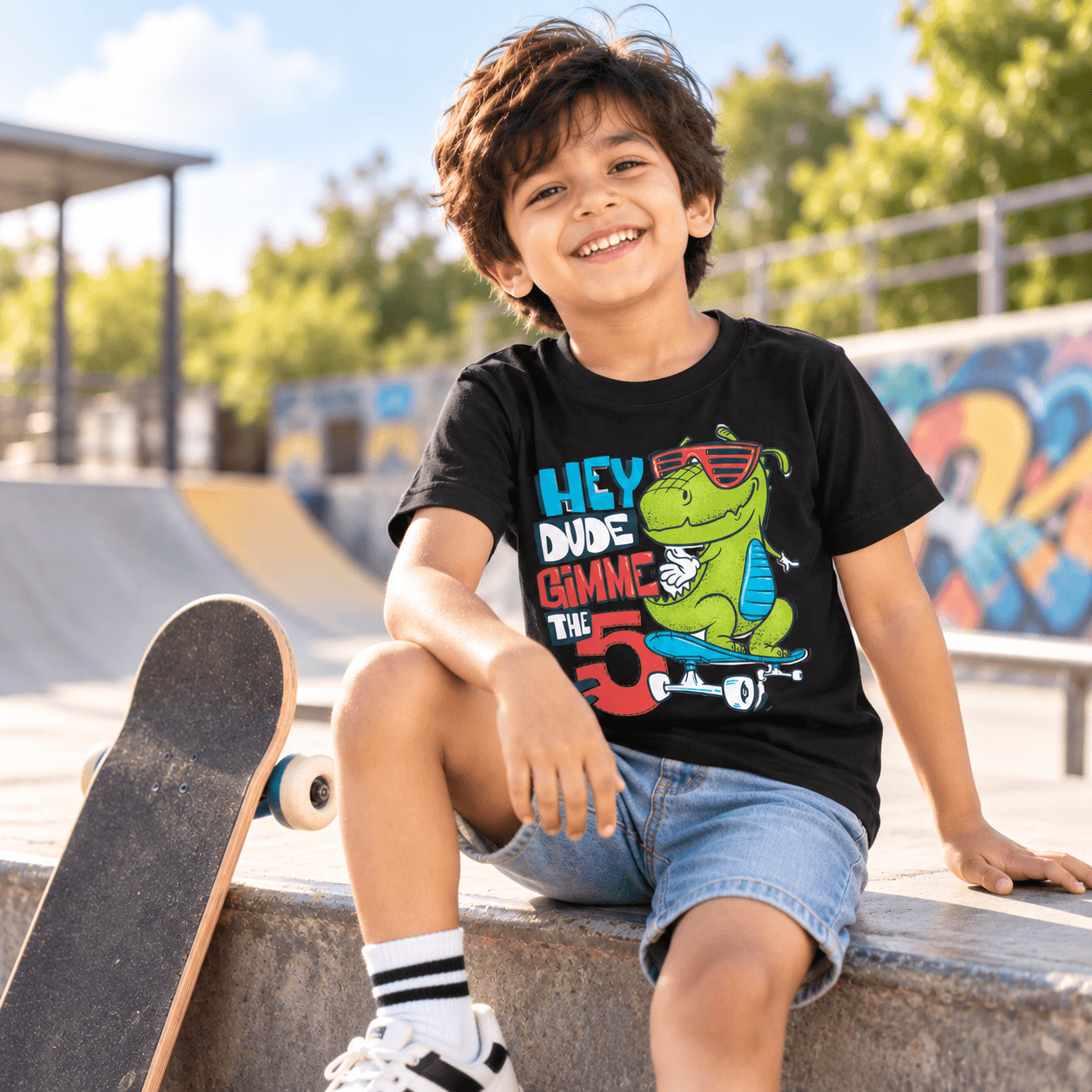Indian boy wearing a Skater Dinosaur Kids T-Shirt with a cartoon dinosaur riding a skateboard by Charm and Chic.