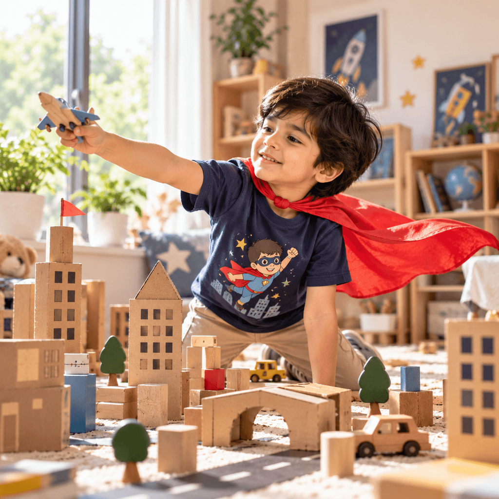 Child wearing a superhero-themed t-shirt while creating an imaginary city with cardboard and wooden blocks.