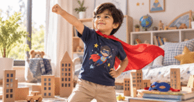 Child wearing a comfortable superhero-themed t-shirt during imaginative play at home.