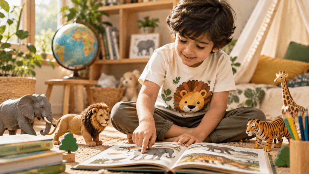 Child wearing an animal-themed t-shirt while exploring a wildlife book with animal toys.